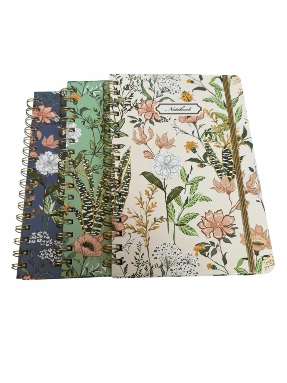 Floral Spiral Notebook 3-Piece Set - Cream, Green, Navy A5 Notebook New